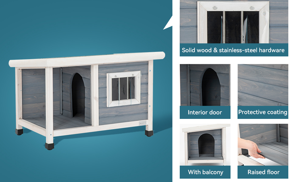 Будинок для собак Petsfit з балконом та терасою, вулиця, 85x62x52 см, сірий