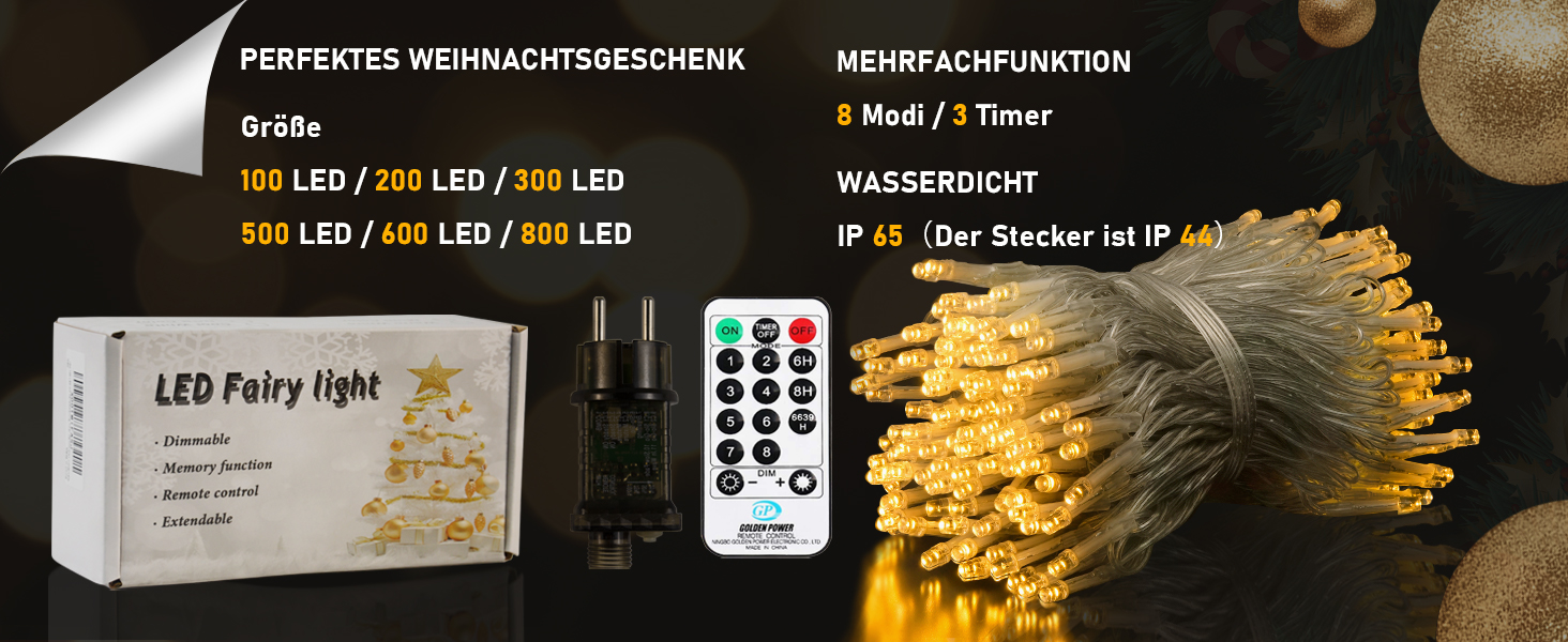 LED гірлянда на батарейках для вулиці, 10 метрів, 100 LED, з пультом дистанційного керування, таймером, 8 режимів, IP65, вологостійка, для декорування саду, вечірки, весілля, Різдва, тепле біле світло