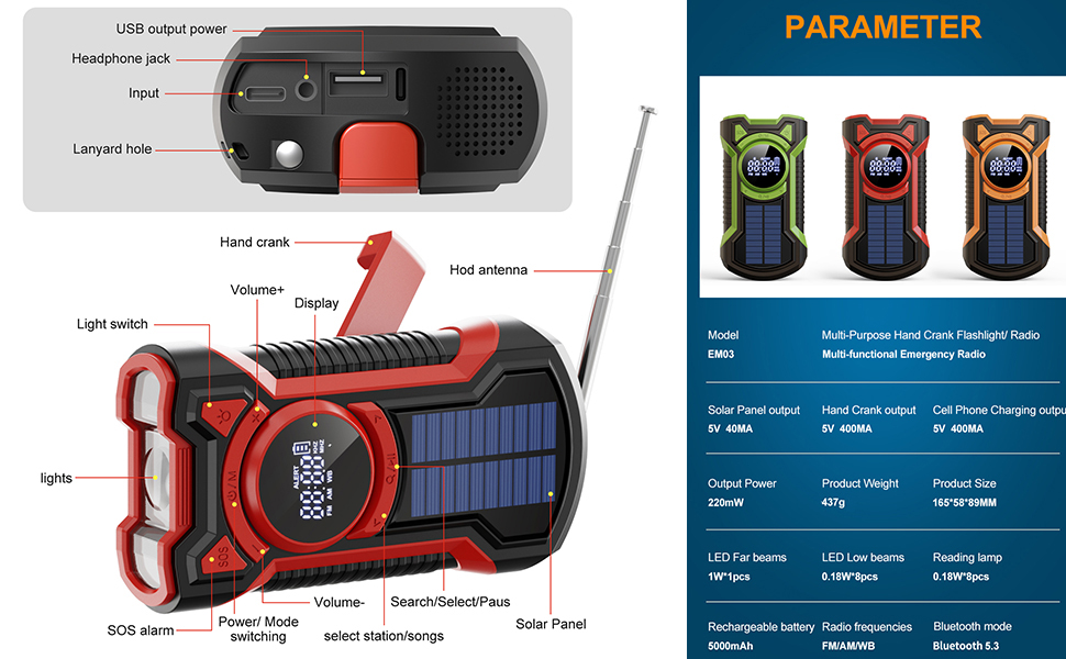 Радіо на сонячній батареї та ручному приводі Gemmac 5000mAh з Bluetooth, USB AM/FM, Power Bank, SOS-сигналом та ліхтариком - для кемпінгу та виживання (Червоне)