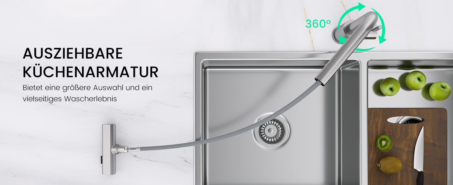 Чорний кухонний змішувач Appaso з висувною лійкою, 360° обертання, 2 режими струменя, для кухні | З нержавіючої сталі, водоспад