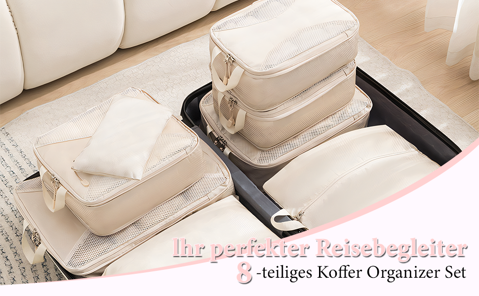 Органайзер для валізи KiwiPower, 8 шт. – комплект кубів для компресії, водонепроникні сумки для одягу для подорожей, ручної поклажі та рюкзаків (Бежевий)