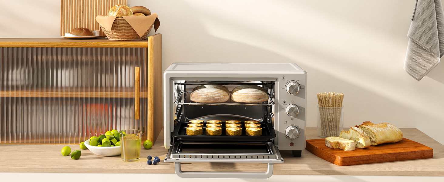 Міні-піч HOMCOM 21 л, 1400 Вт, 100-230°C, таймер, дека для крихт, дека для випічки, решітка-гриль, скло, для піци, кремово-білий (сріблястий)