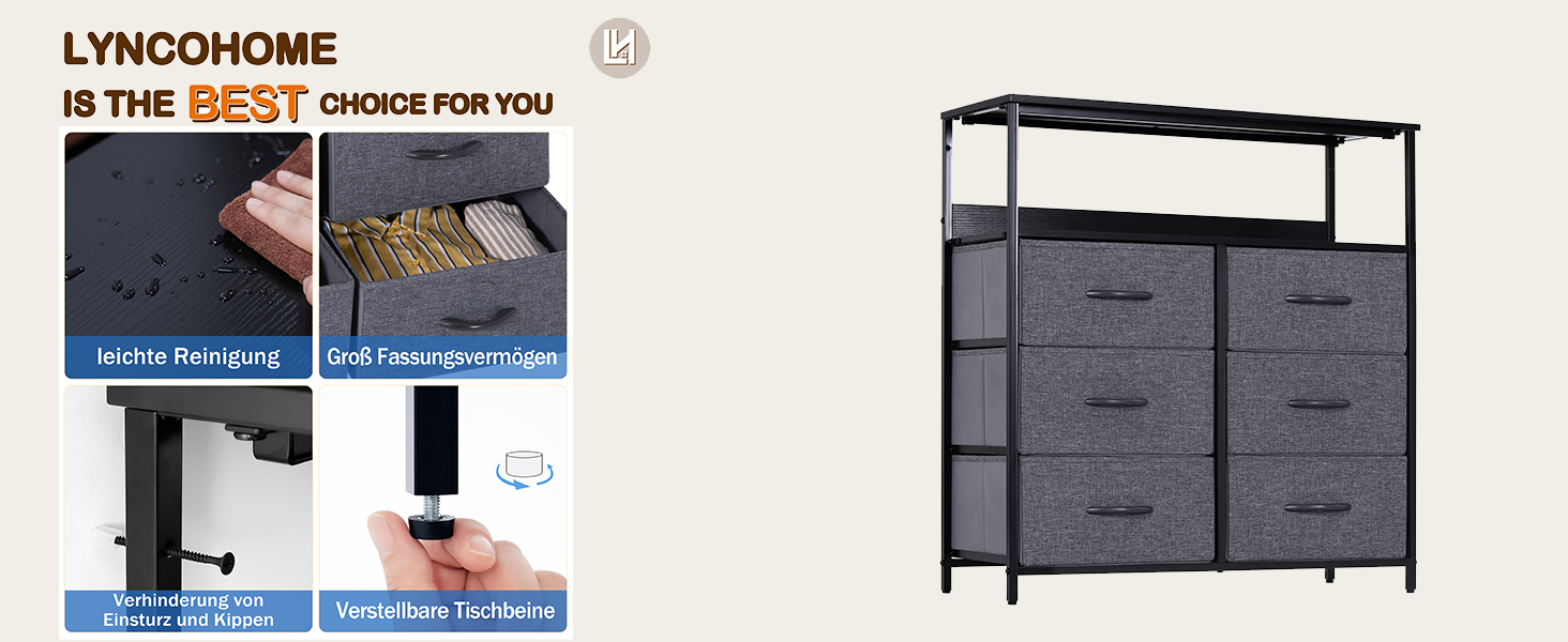 LYNCOHOME Chest of Drawers with Fabric Drawers, Sideboard Entryway Cabinet with 6 Fabric Drawers and Compartments, Drawer Unit Storage Furniture for Kitchen, Office, Bedroom (Gray)