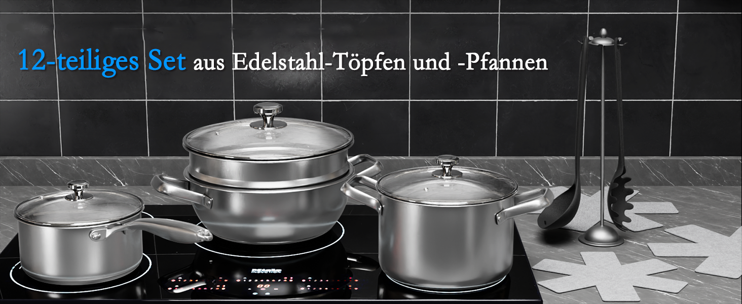 Набір каструль Induktion 12-частинний з нержавіючої сталі з тришасим дном, включає пароварку, 3 захисні диски для сковорідок та кухонне приладдя, безпечний у духовці до 250°C та придатний для миття в посудомийній машині, для всіх типів плит
