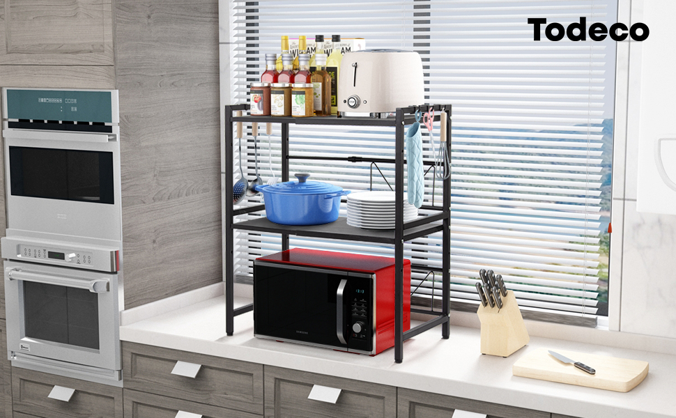 Підставка для мікрохвильової печі Todeco, 3-рівнева, регульована, з 6 гачками, чорна, до 25 кг, 36-60 x 36 x 44 см