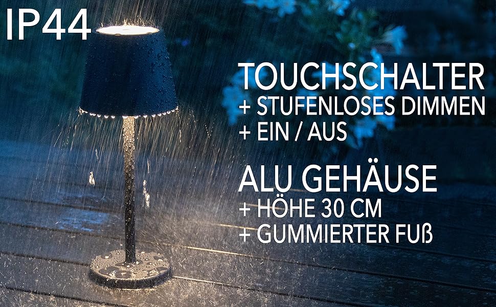 Настільний світильник акумуляторний ChiliTec 30 см LED з димером, USB зарядка, IP44, тепле світло, сенсорний вимикач (Чорний)