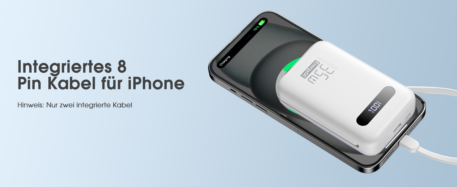 Powerbank 20000mAh з PD 35W, USB-C кабель, LED дисплеєм для iPhone, iPad, Samsung Galaxy та Huawei