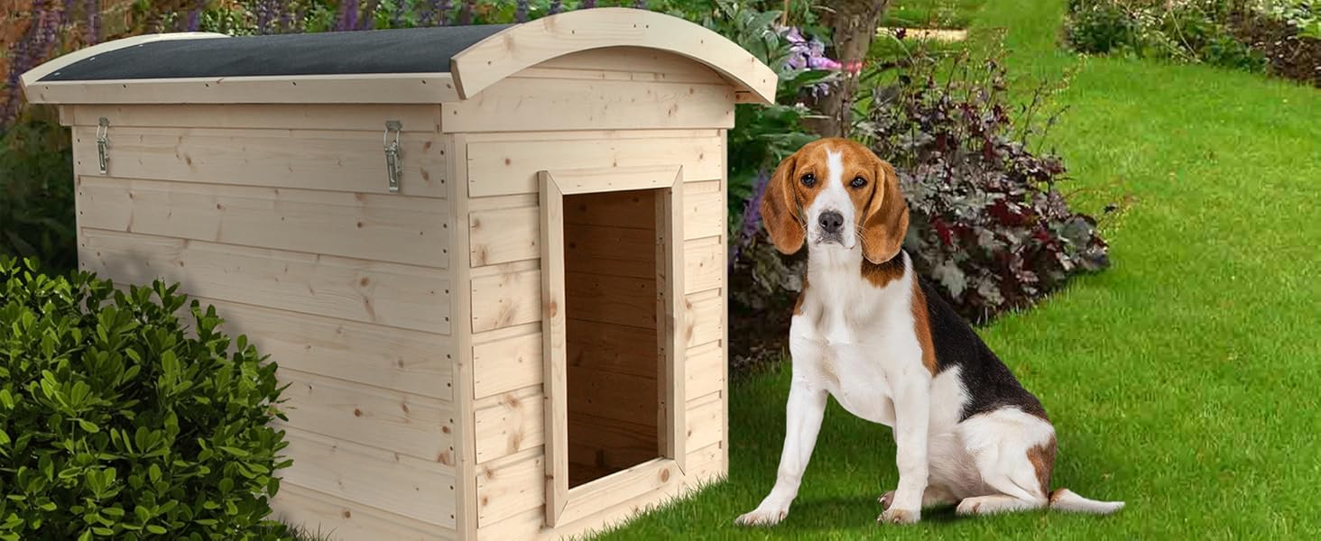 Будка для собак Outdoor маленьких порід – дерев'яна будка для собак, водостійкий дах 76 x 99 x H80 см, розмір S, Timbela M401-1 розмір M, 76x99xH80cm, натуральне дерево