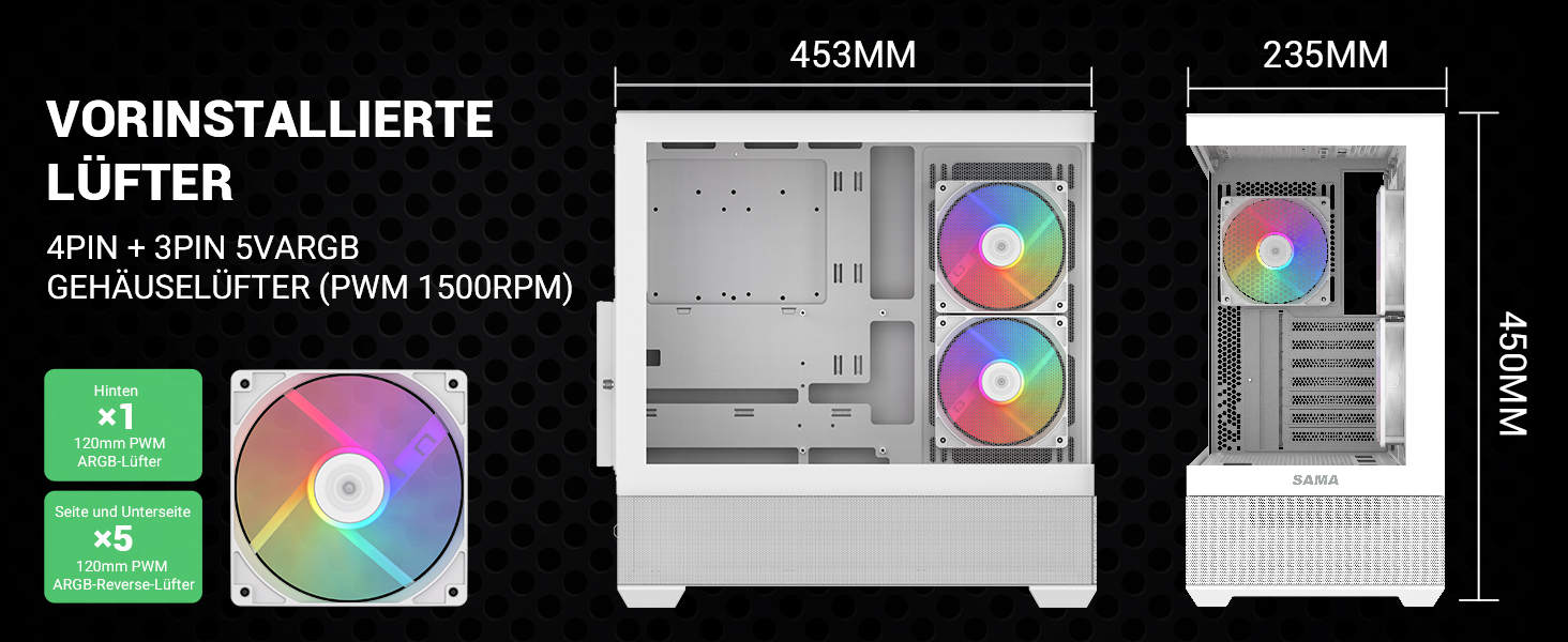 Корпус ПК SAMA V40 Mid-Tower ATX з 6 вентиляторами 120 мм ARGB PWM, подвійні панелі з загартованого скла, Dual Chamber, USB 3.1 Type-C, підтримка ATX/mATX/ITX GPU, білий колір