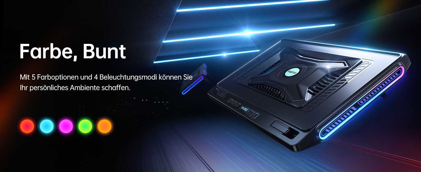 Підставка охолодження для ноутбука RGB з потужним вентилятором 4.72'', швидке охолодження для комп'ютерів 13-17,3'', керування клавішами, 3 регульовані підставки, 4-портовий USB C&A, чорний