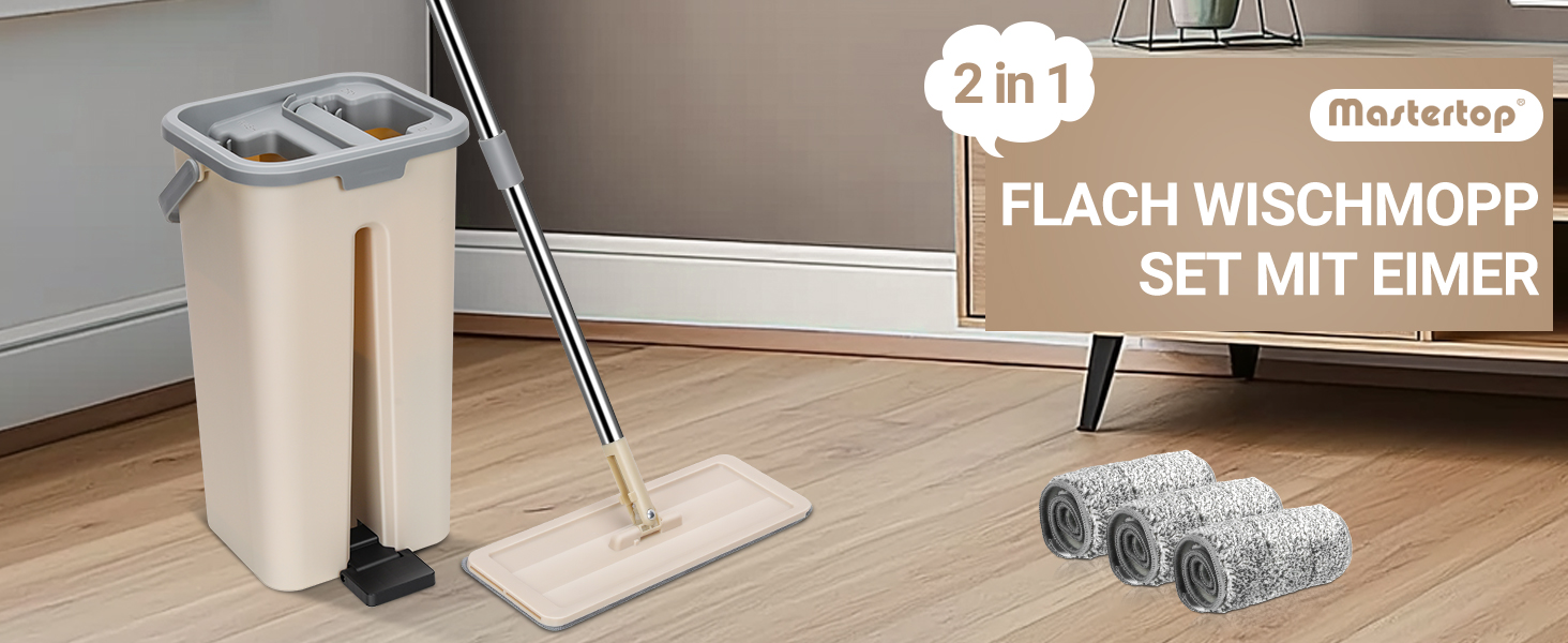 Набір для миття підлоги MASTERTOP з відром, моп з нержавіючою ручкою та 3 насадками, набір 2 в 1 з відром для вичавлювання, плоский моп для твердої підлоги, ламінату, плитки (Бежевий)