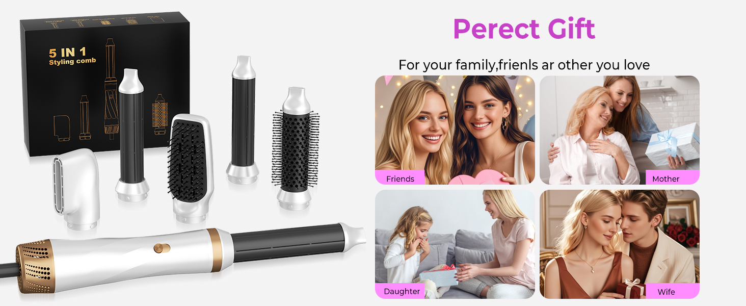 Мультистайлер для волосся 5 в 1 з термощіткою, фен-щіткою, круглою щіткою, плойкою та випрямлячем. Потужність 1000 Вт, 3 температурні режими. Ідеально для об'єму, випрямлення, локонів та сушіння. Білий (білий, рожевий)