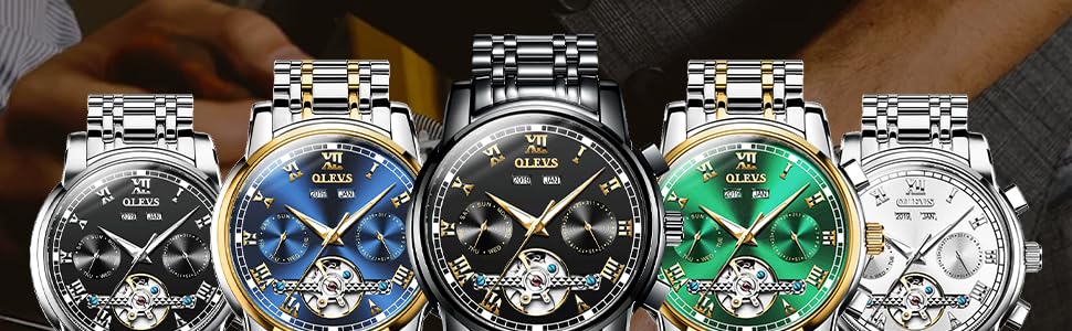 Годинник чоловічий OLEVS Automatik Gold чорний з турбійоном, календарем, водонепроникний, світловий, двоколірний, чоловічий, синій/золотий