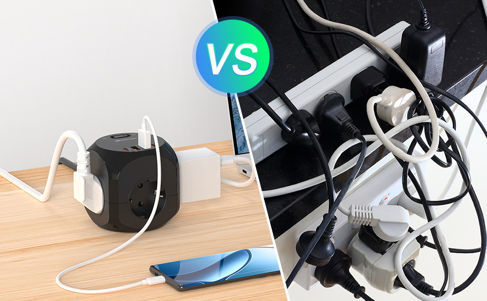 Розподільник розеток з USB-C, 4 розетки, плоский штекер, індивідуальне вмикання, куб з кабелем 2м для офісу, дому, подорожей - білий