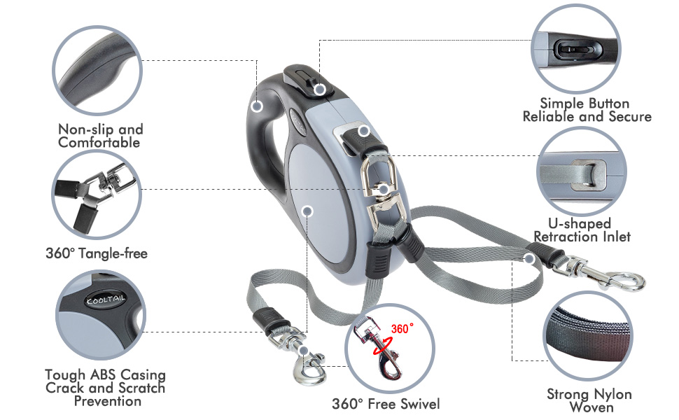 KOOLTAIL Подвійна висувна собача шлейка - міцна, двоколірна 5 м висувна шлейка для собак маленьких, середніх та великих порід, для прогулянок, 2 собаки до 50 кг, сіра