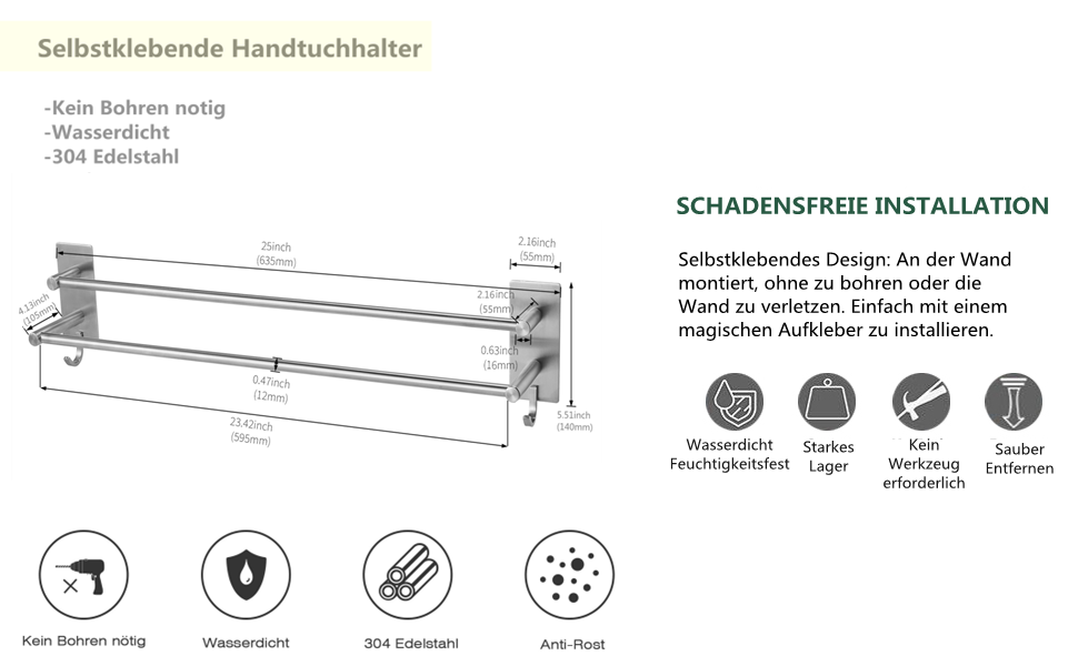 Тримач для рушників Vista без свердління, подвійний, 43.5 см, нержавіюча сталь, 60 см, сріблястий