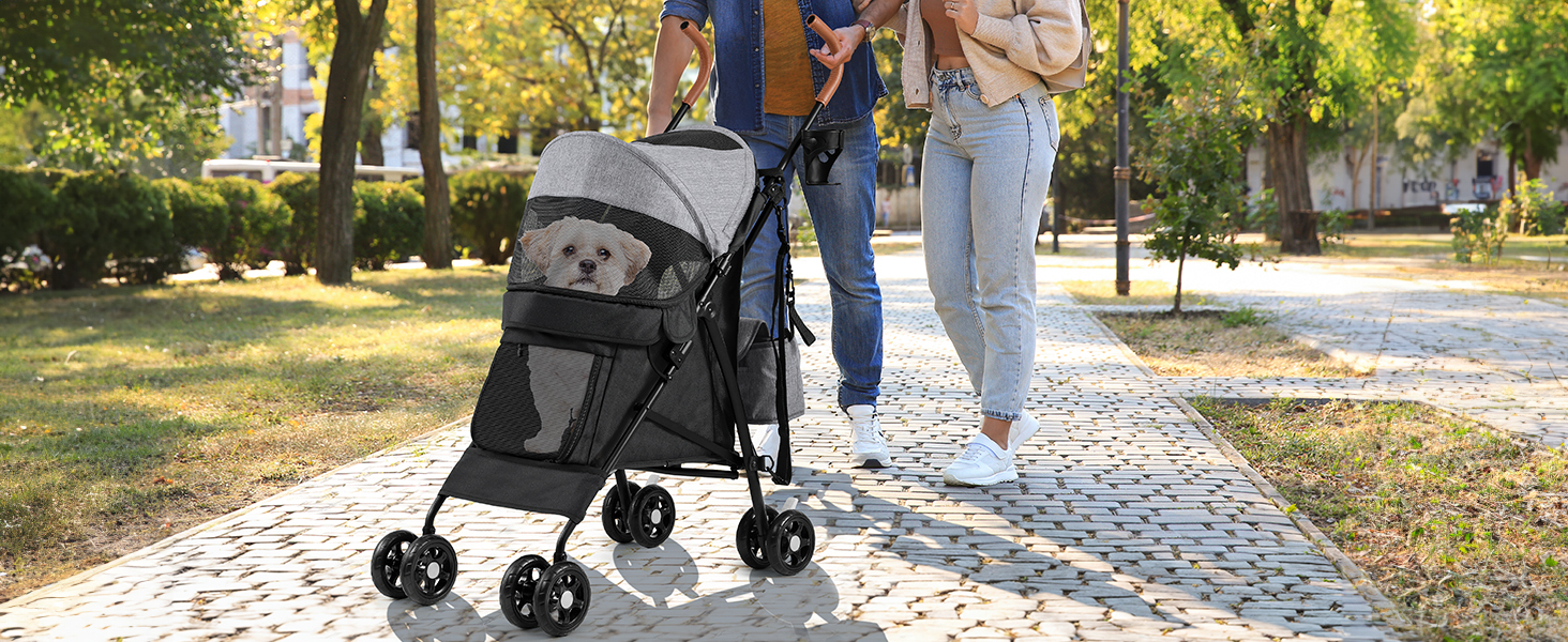 Візок для собак YITAHOME - переноска для тварин до 11,3 кг, з сіткою, тримачем для напоїв та кошиком, для собак та котів (сірий/чорний)