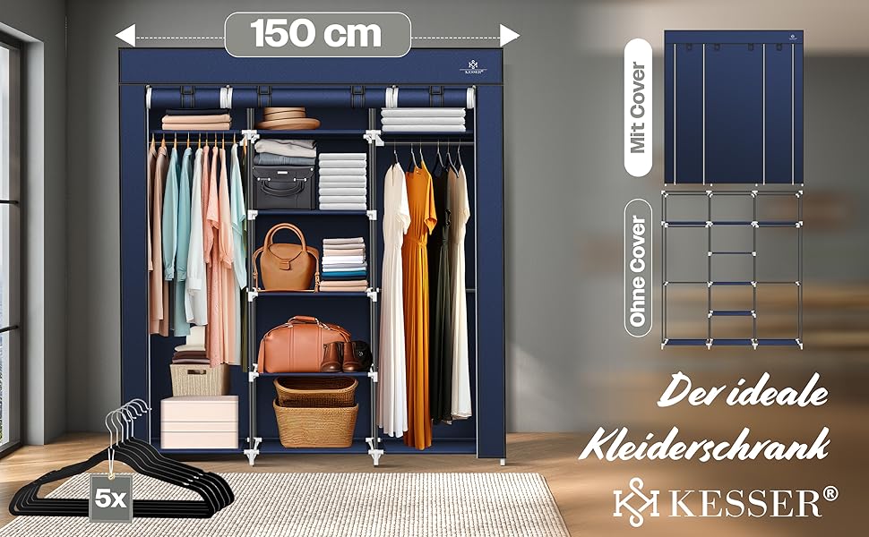 Тканинна шафа KESSER зі штангою та полицями, 150x45x175 см, 5 вішаків, синя, для спальні та гардеробної