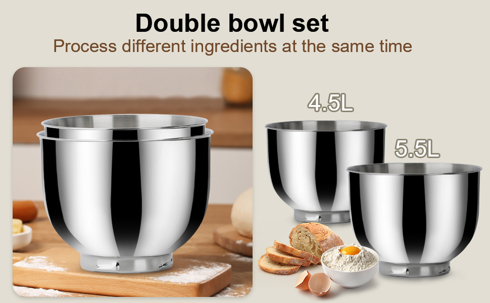 Кухонна машина Cheflee 1500W з місткими чашами з нержавіючої сталі (4.5L, 5.5L) та 10+ швидкостей, набір насадок (міксер, гак для тіста, вінчик, захист від бризок) (Золота)