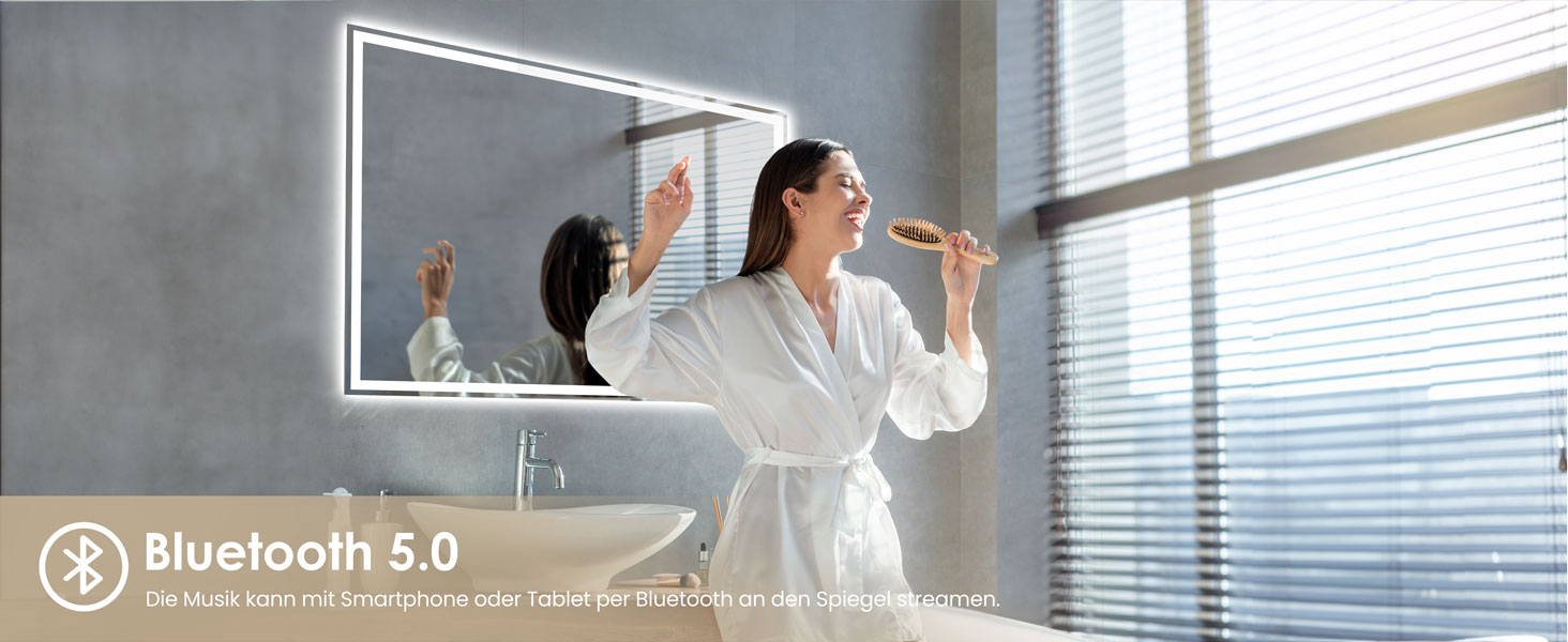 Дзеркало для ванної кімнати з LED-підсвічуванням Dripex, 50x70 см, сенсорне управління, протитуманне покриття, Bluetooth, розетка, 3 кольори світла