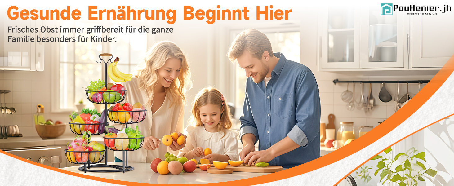 Багатоярусна підставка для фруктів PouHenier.jh – 5 ярусів, чорний колір, з тримачем для бананів. Металева підставка для фруктів та овочів, органайзер для кухні