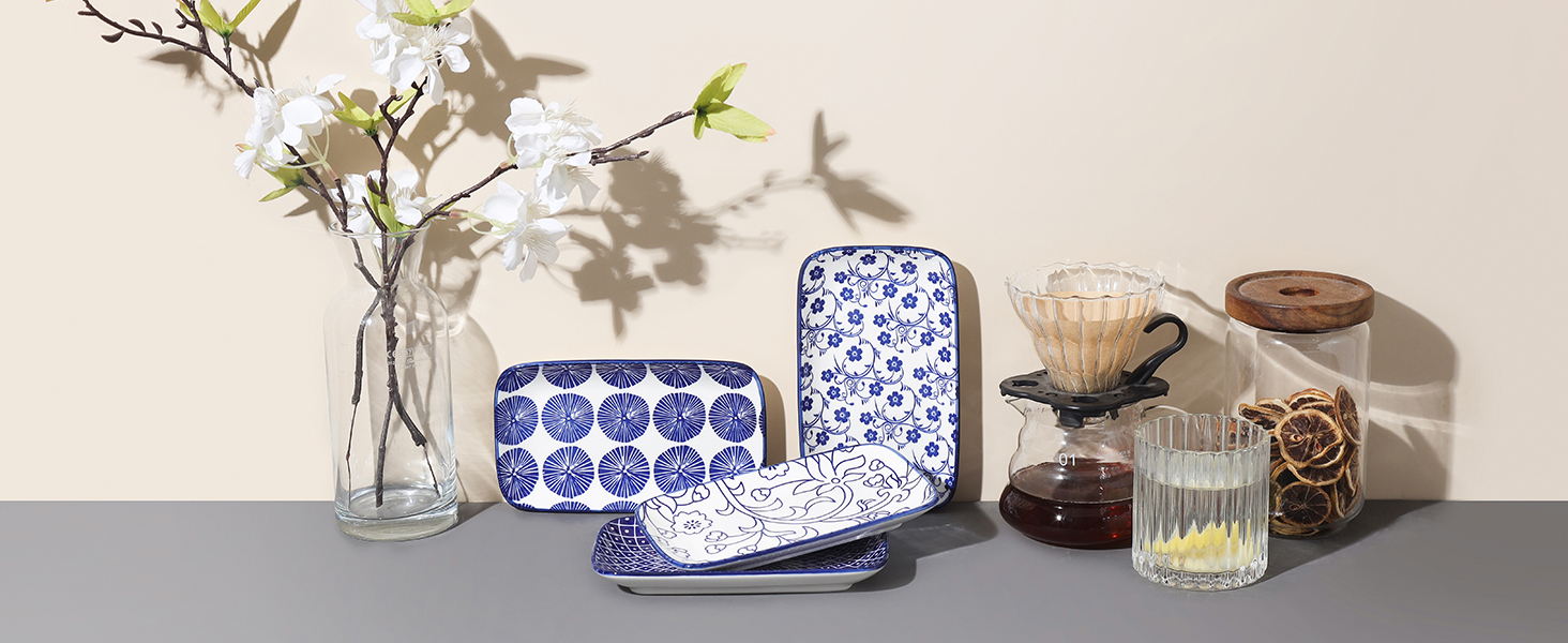 Набір тарілок Selamica, 6 шт., прямокутні, для закусок, десертів, суші, фруктів, 18 × 10.5 × 2 см (Вінтажно-блакитний)