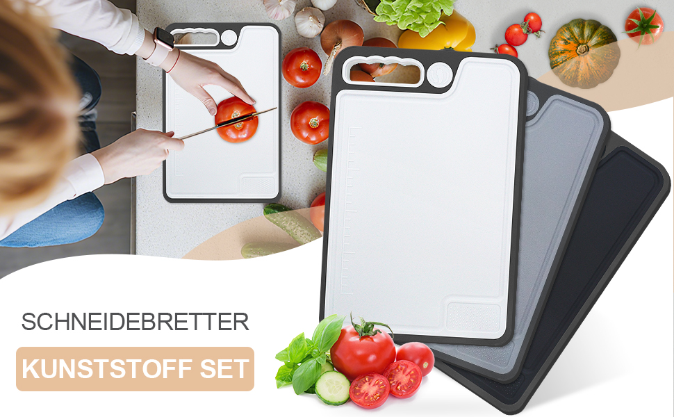 Набір з 3 дерев'яних обробних дощок для кухні, 35x23 см, антибактеріальні, BPA Free, з жолобками для соку та неслизькими ручками, чорний/сірий/білий