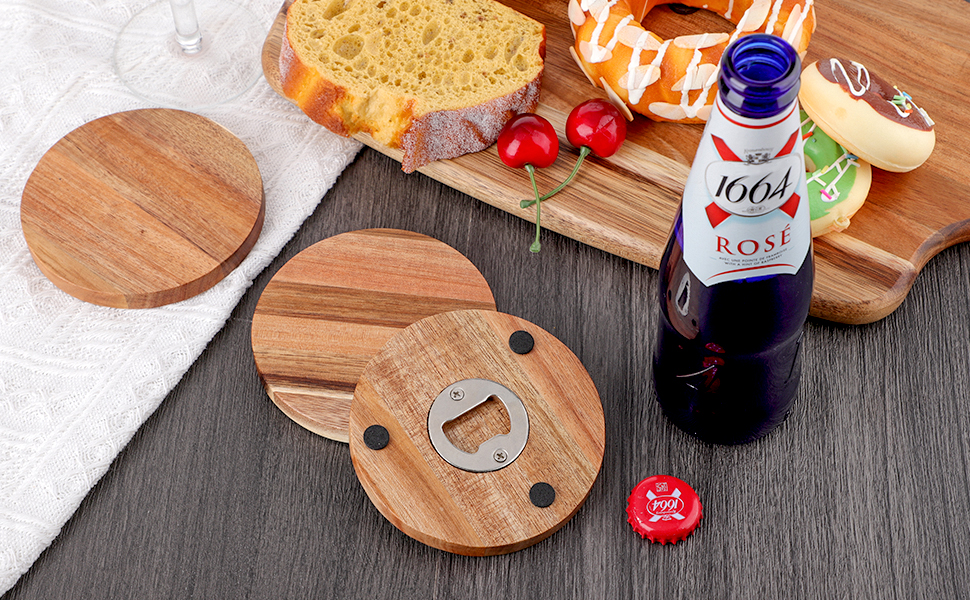 Acacia Wood Coasters Set of 6 with Bottle Opener, Wooden Coasters for Drinks with Holder, Table Protector for Home and Office Decor