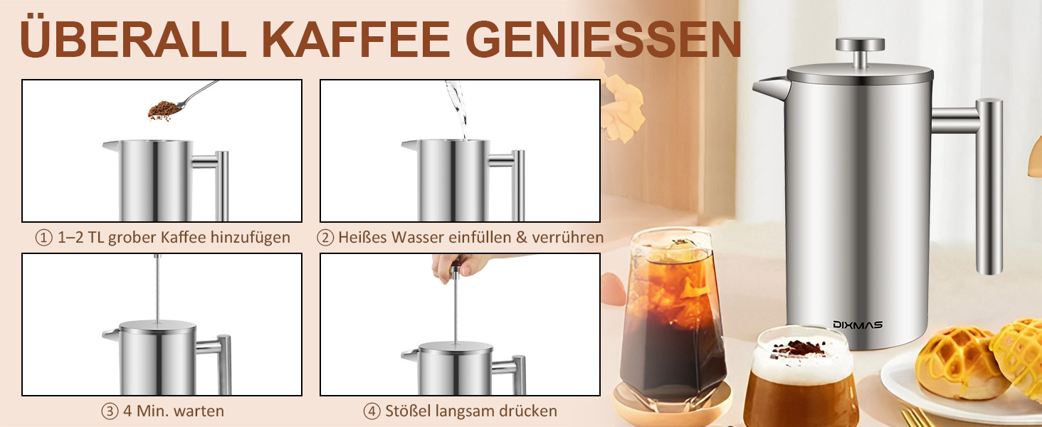 Френч-прес 1000 мл / 8 чашок, кавоварка з нержавіючої сталі, подвійні стінки, ізольована, з фільтром - 1 літр