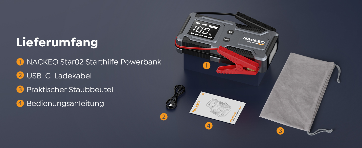 Powerbank Starthilfe 6000A: Зарядний пристрій для автомобіля 12V з кабелем, LED-лампа та дисплеєм (до 9L бензин, 7L дизель) - для SUV, мотоциклів, газонокосарок