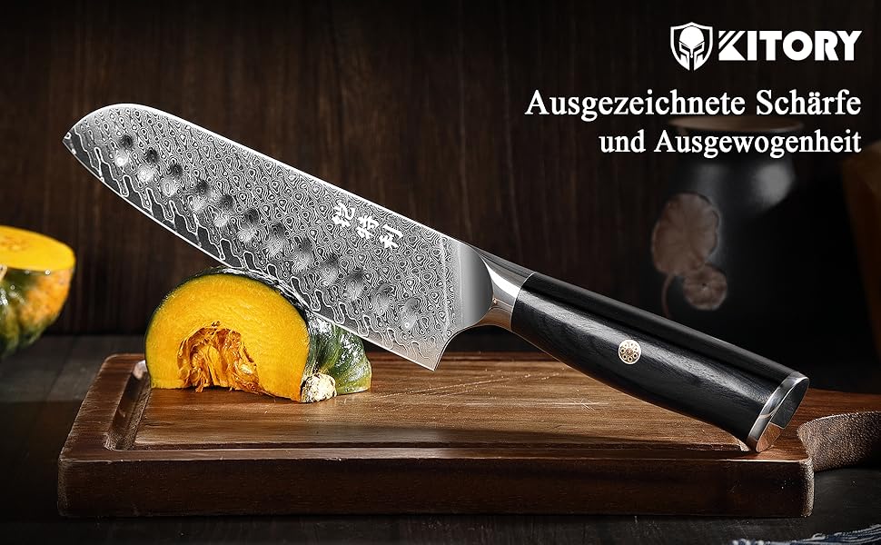 Ніж Kitory Damastmesser Pro 20см з лезом з 73 шарів дамаської сталі 10Cr15CoMoV, кухонний ніж Сантоку з ручкою з паккавуду