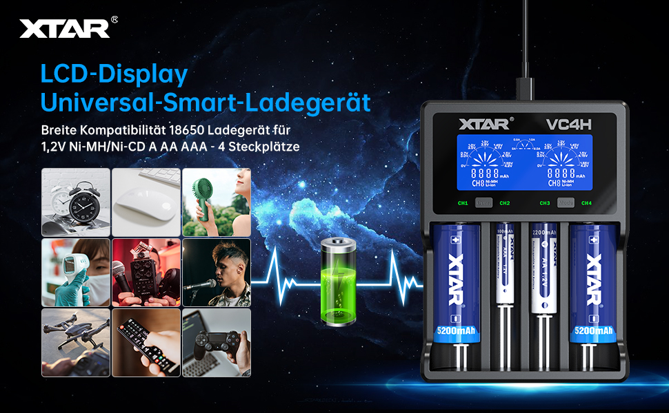Зарядний пристрій XTAR VC4H для Li-ion/Ni-MH акумуляторів 18650/26650/AA/AAA з LCD дисплеєм та USB Type-C