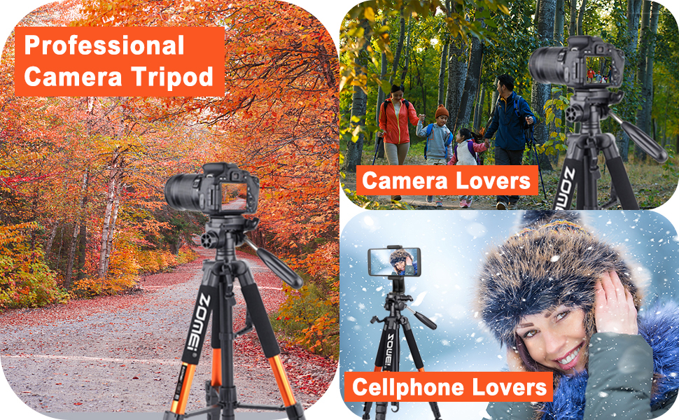 Штатив ZOMEi 188 см - важкий, для професійного відео та фото, сумісний з DSLR, телефонами, проекторами, біноклями, телескопами (чорний, помаранчевий)