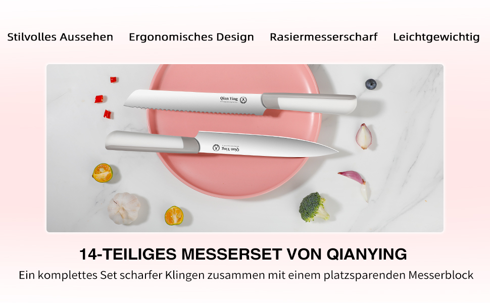 Набір кухонних ножів Qianying з блоком: 14 предметів, нержавіюча сталь, з точилкою, срібний колір, подарунок для мами