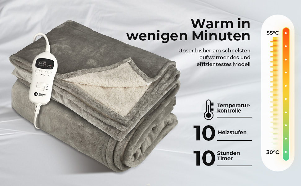 Електрична ковдра Balter з автоматичним вимкненням - 10 режимів нагріву та таймер до 10 годин - М'який фланель та плюш - Ковдра для обігріву (Сірий, 160x120 см)