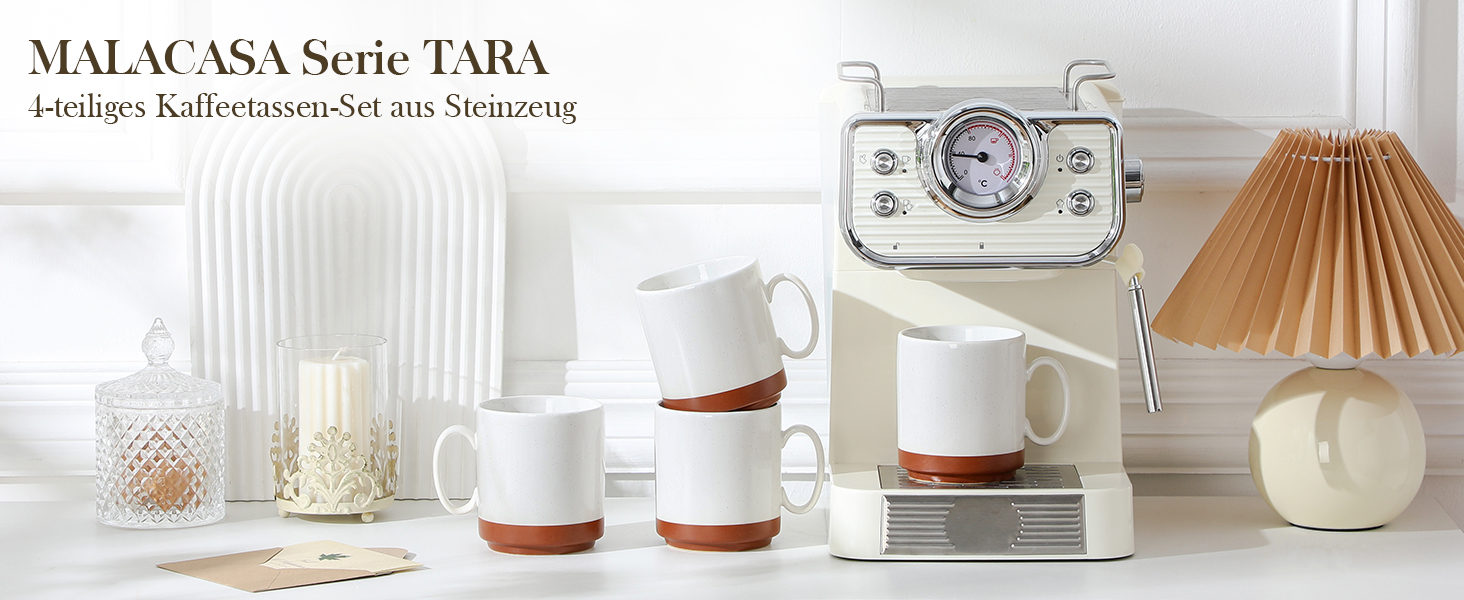 Набір кавових чашок MALACASA TARA Khakiweiß (4 шт.), 350 мл, кераміка, для кави, чаю, соку, лате, капучино, какао, безпечні для миття в посудомийній машині та використання в мікрохвильовці