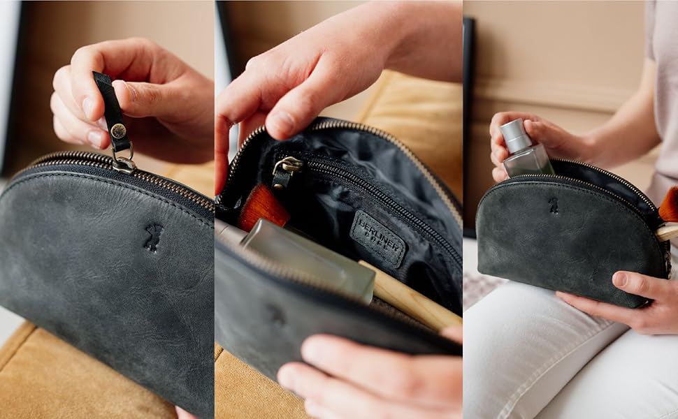 Косметичка з натуральної шкіри Berliner Bags Zoe, вінтажна, маленька, темно-сіра, органайзер для жінок і дівчат, пенал для косметики та аксесуарів