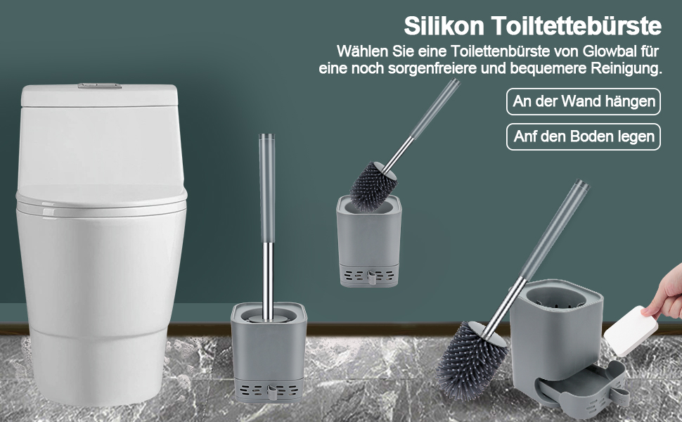 Силіконова щітка для туалету Glowbal з контейнером, швидковисихаюча, для ванної кімнати, монтаж на стіну або стоячи, білий/сірий колір