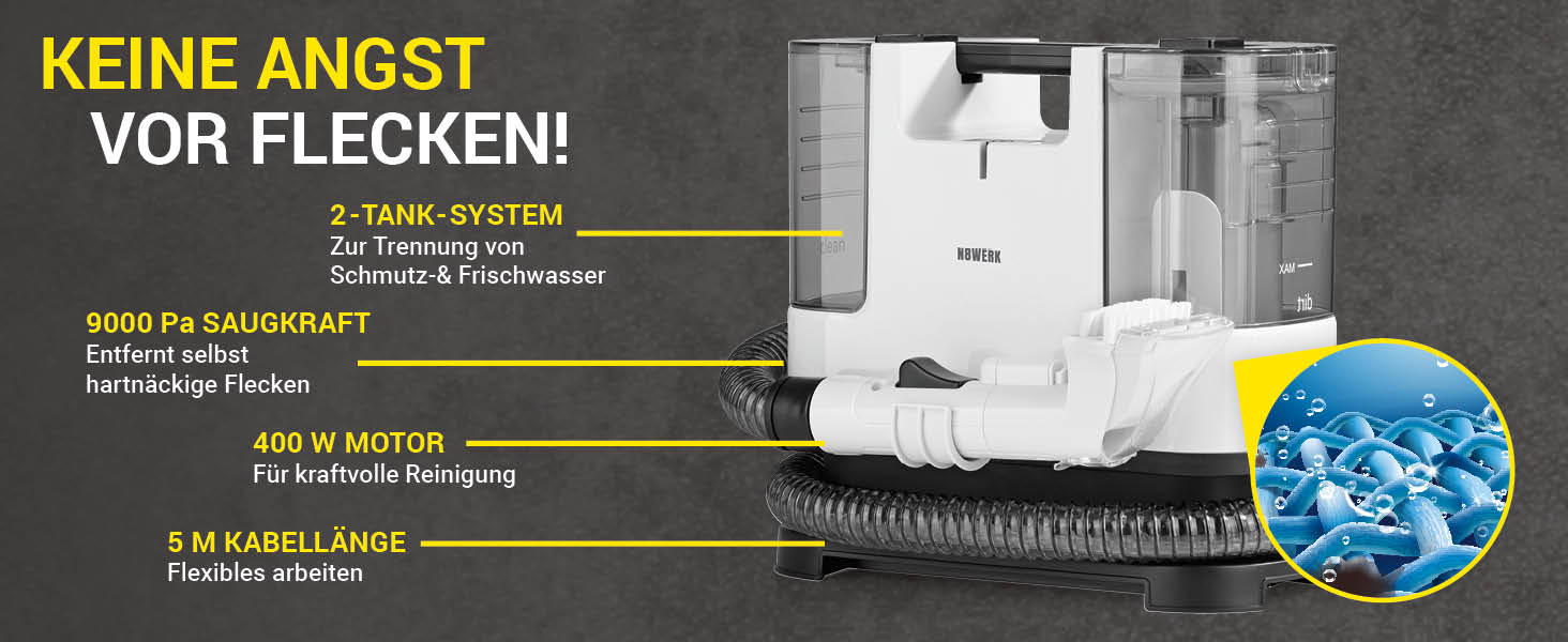 Портативний пилосос для миття килимів та меблів Clean | З миючим засобом | Легкий та компактний | Видаляє плями, потужний 400 Вт, баки для чистої та брудної води