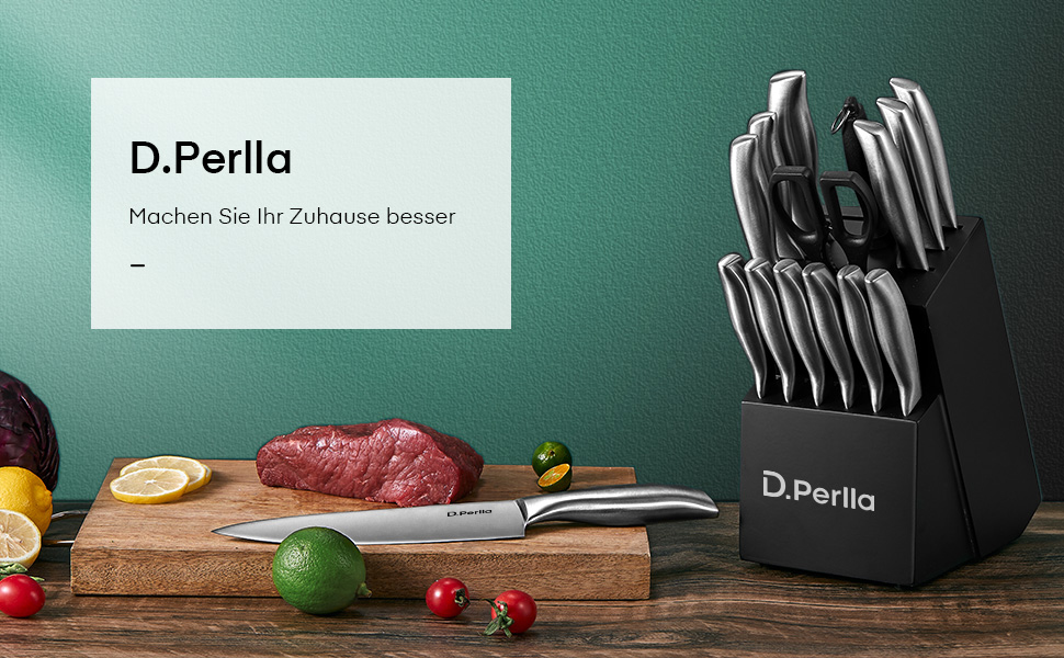 D.Perlla Professional 16-Piece Knife Set with Wooden Block - Extra Sharp & Ergonomic Stainless Steel Kitchen Knives