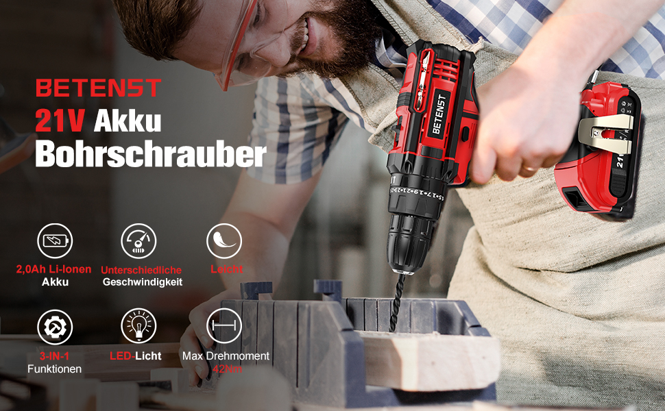 Акумуляторний дриль-шуруповерт BETENST 21V з 2 акумуляторами 2.0Ah, 42Nm, 25+3 ступені крутного моменту, 2 швидкості, LED-підсвічування, 30-ти елементний набір для дому, саду та DIY проектів