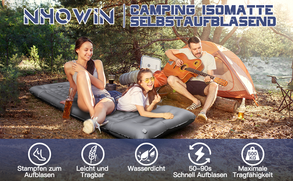 NHOWIN Self-Inflating Camping Mat - 12cm Thick, Ultralight with Pillow & Foot Pump - Compact, Waterproof, Anti-Ripstop Mat for Outdoor, Backpacking, Hiking