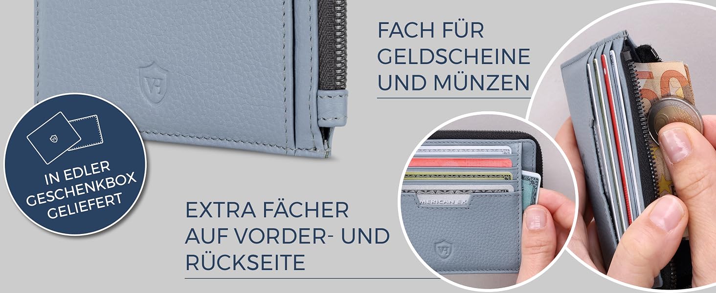 Шкіряний RFID картхолдер VON HEESEN з наппа-шкіри для чоловіків та жінок, 9 відділень, горизонтальний (Світло-блакитний)