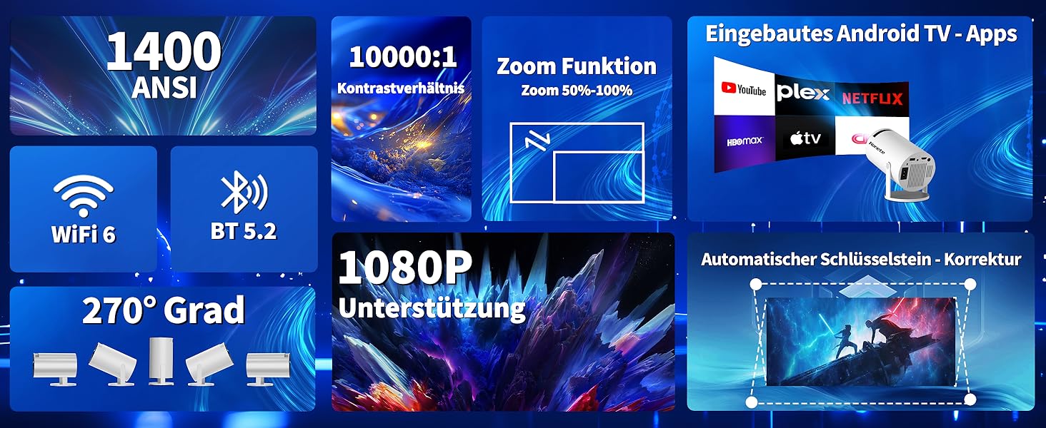 4K проєктор Beamer Full HD 1080P Mini з Wi-Fi 6 та Bluetooth 5.2, Android, портативний, 270° обертання, автоматична корекція трапеції, для PC/HDMI/USB, з мишкою та пультом, білий