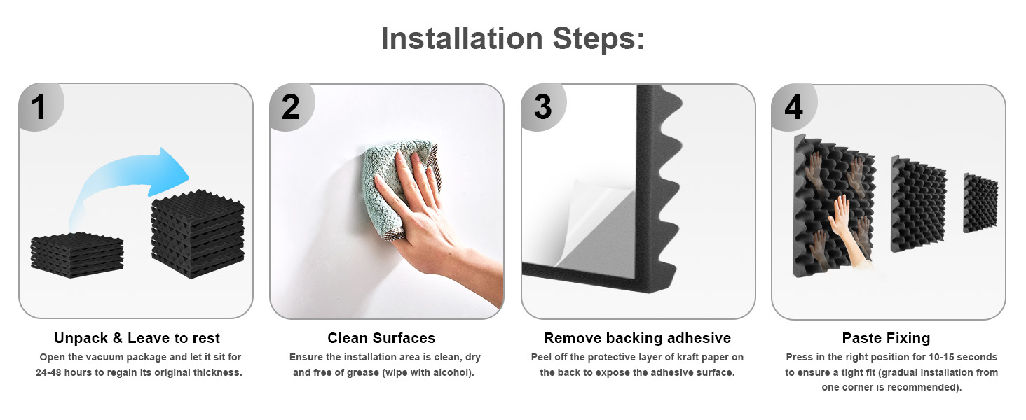 Акустичні панелі JBER самоклеючі, шумопоглинаючі плити з пінопласту 30x30x3 см, 12 шт. — звукоізоляція для студії, офісу та спальні, чорні