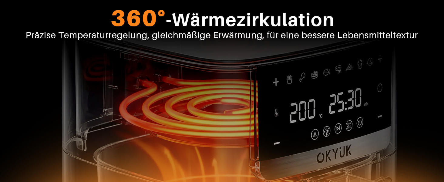 Аерофритюрниця OKYUK 6л XL 1200W з металевим внутрішнім резервуаром: безмасляна фритюрниця з 8 програмами, LED-дисплеєм, таймером