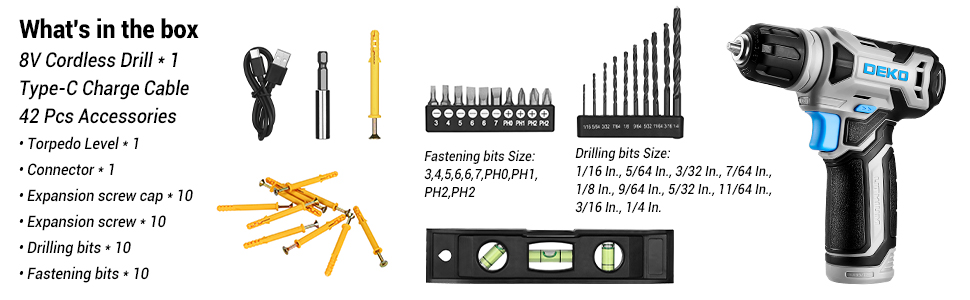 Акумуляторний шуруповерт DEKOPRO 8V 42шт: комплект з аксесуарами, ударний, LED-ліхтар, 12Nm, регульована швидкість, для ремонту будинку