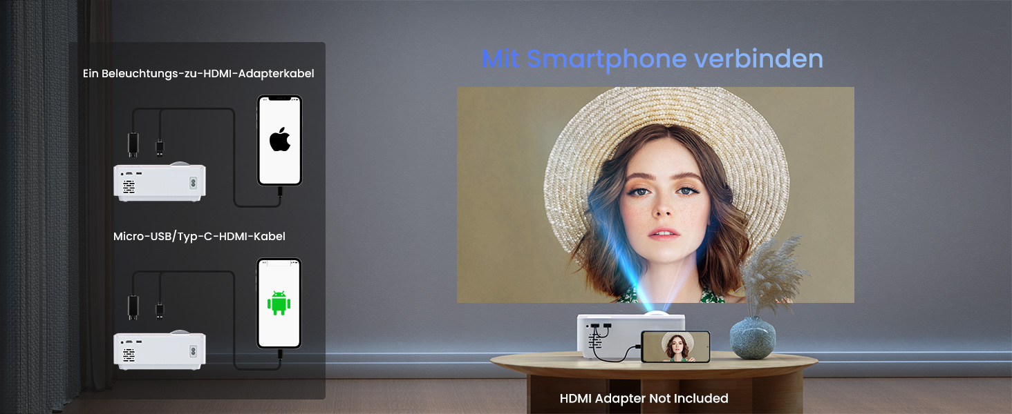 HOPVISION Beamer: Міні проектор Full HD 1080P з Bluetooth 5.1, 9500 Lumens, 4K підтримка, для дому та вулиці. Сумісний зі смартфоном, HDMI, USB, Pad, Fire Stick, PS5