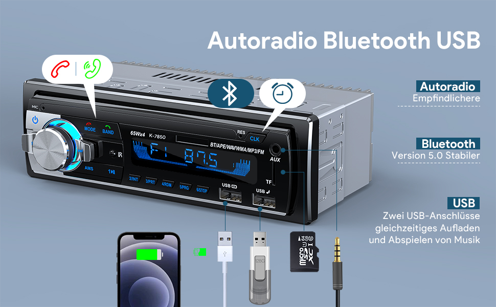 Автомобільна магнітола 1 DIN з Bluetooth, FM-радіо, MP3-плеєром, гучним зв'язком, керуванням на кермі, 2 USB для музики та зарядки