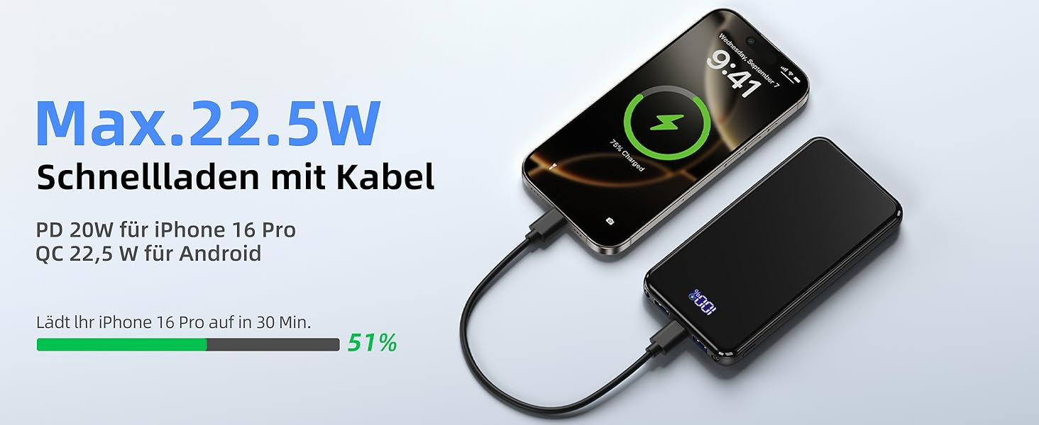 Power Bank 26800mAh з швидкою зарядкою 22,5W USB-C PD3.0 & QC4.0. Портативний акумулятор для iPhone, Galaxy та інших пристроїв. LED дисплей, чорний